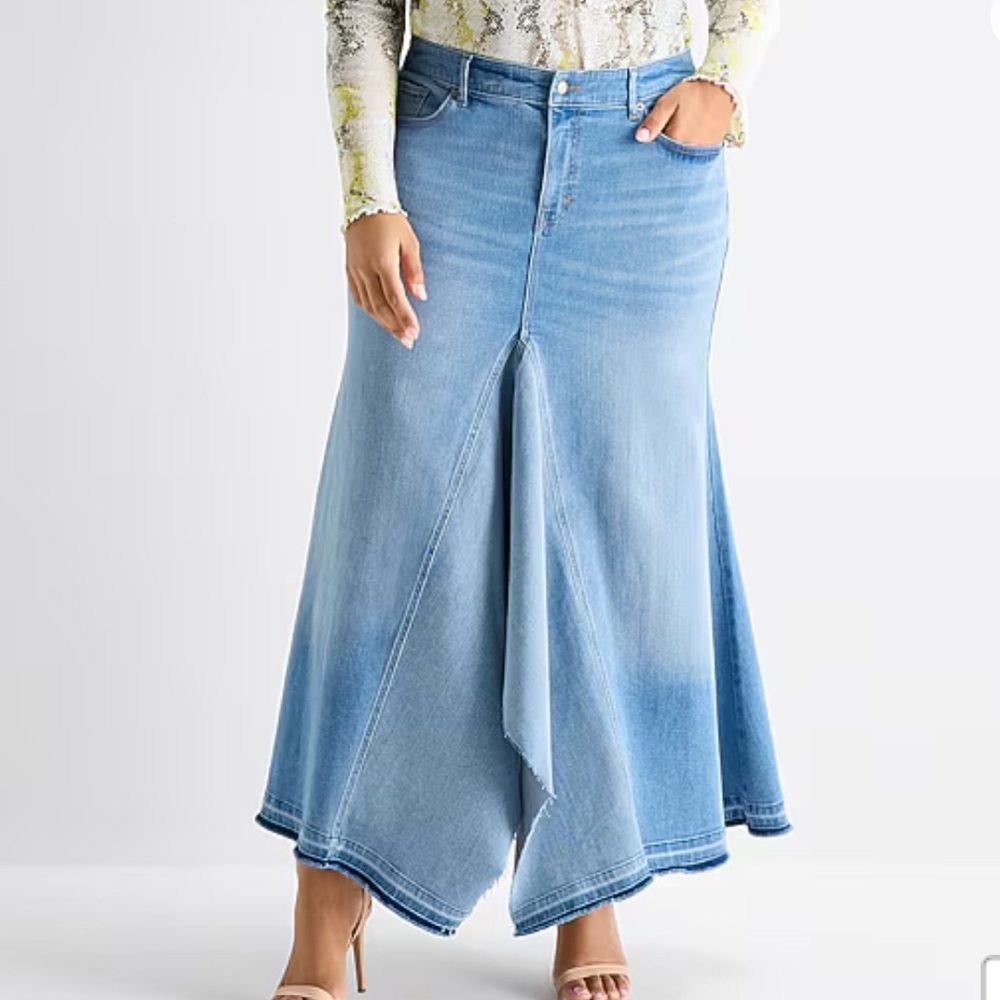 Ashley Graham Blue Denim Maxi Skirt Jeans with Flared Panel Sz 18W NWT - Picture 1 of 9